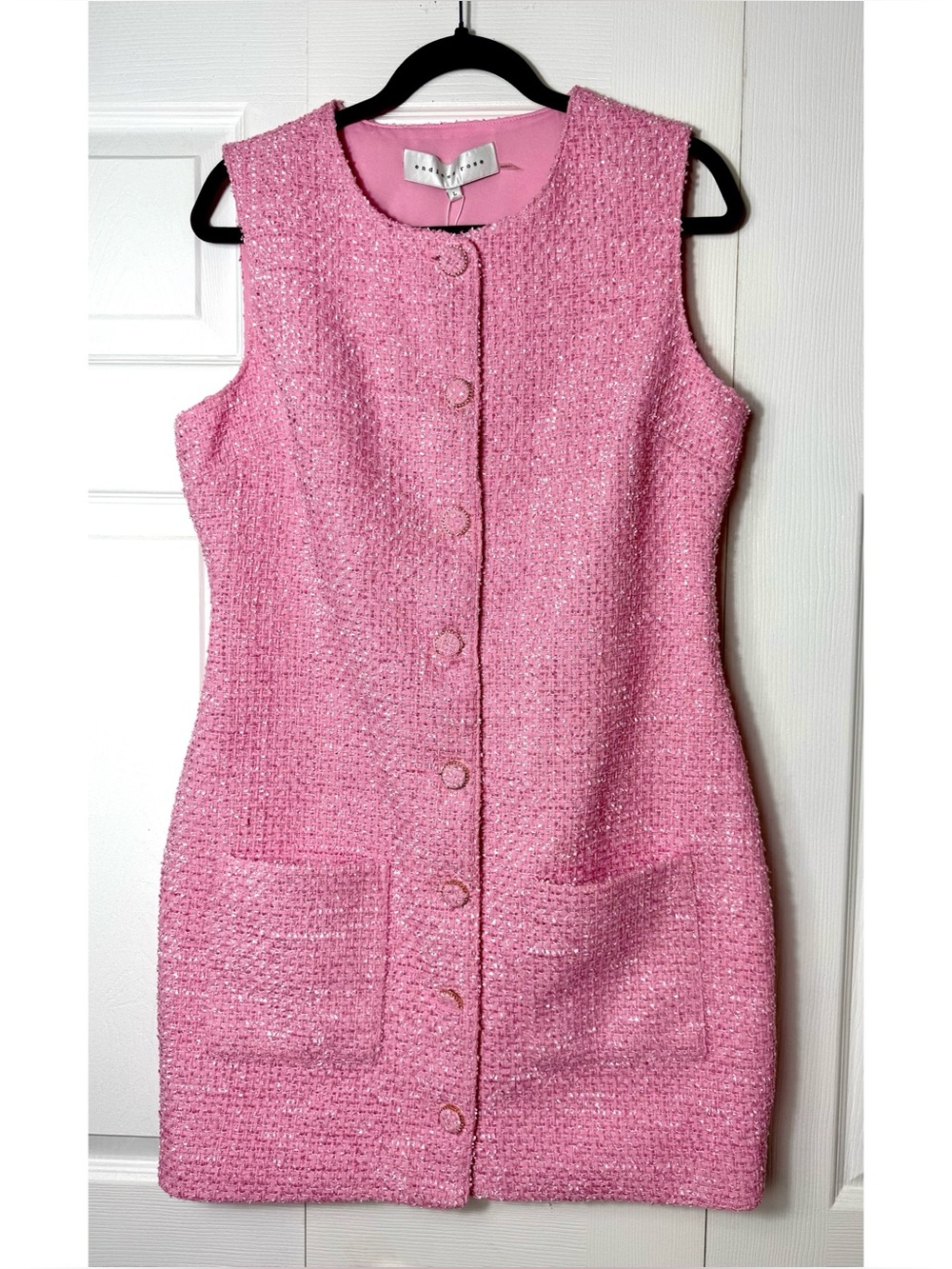 Endless Rose Pink Tweed Mini Dress Sleeveless Button Front Pockets Size Large - Picture 5 of 12